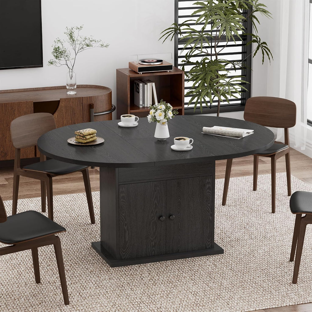 43.3in-59in Extendable Round Dining Table for 4-8, Modern Expandable Kitchen Oval Dining Table, Space Saving Circle Dining Room Table with Storage Shelf for Kitchen Living Room