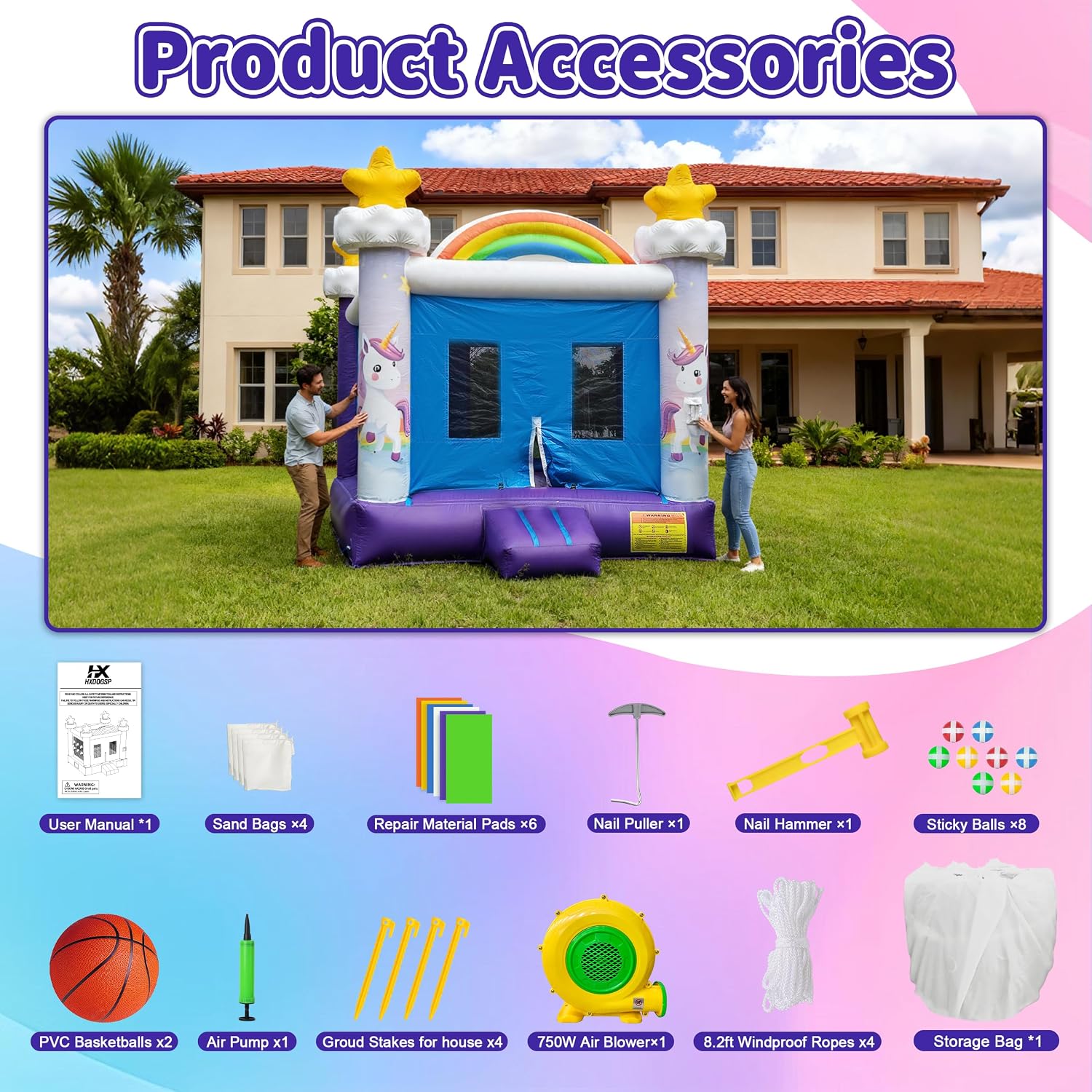 Inflatable Commercial Grade Bounce House: 13FT(L) Large Bouncy Castle for Adults and Teenagers- 750W Blower, Basketball Hoop, Premium PVC, Rainbow Style - for Backyard Outdoor Indoor