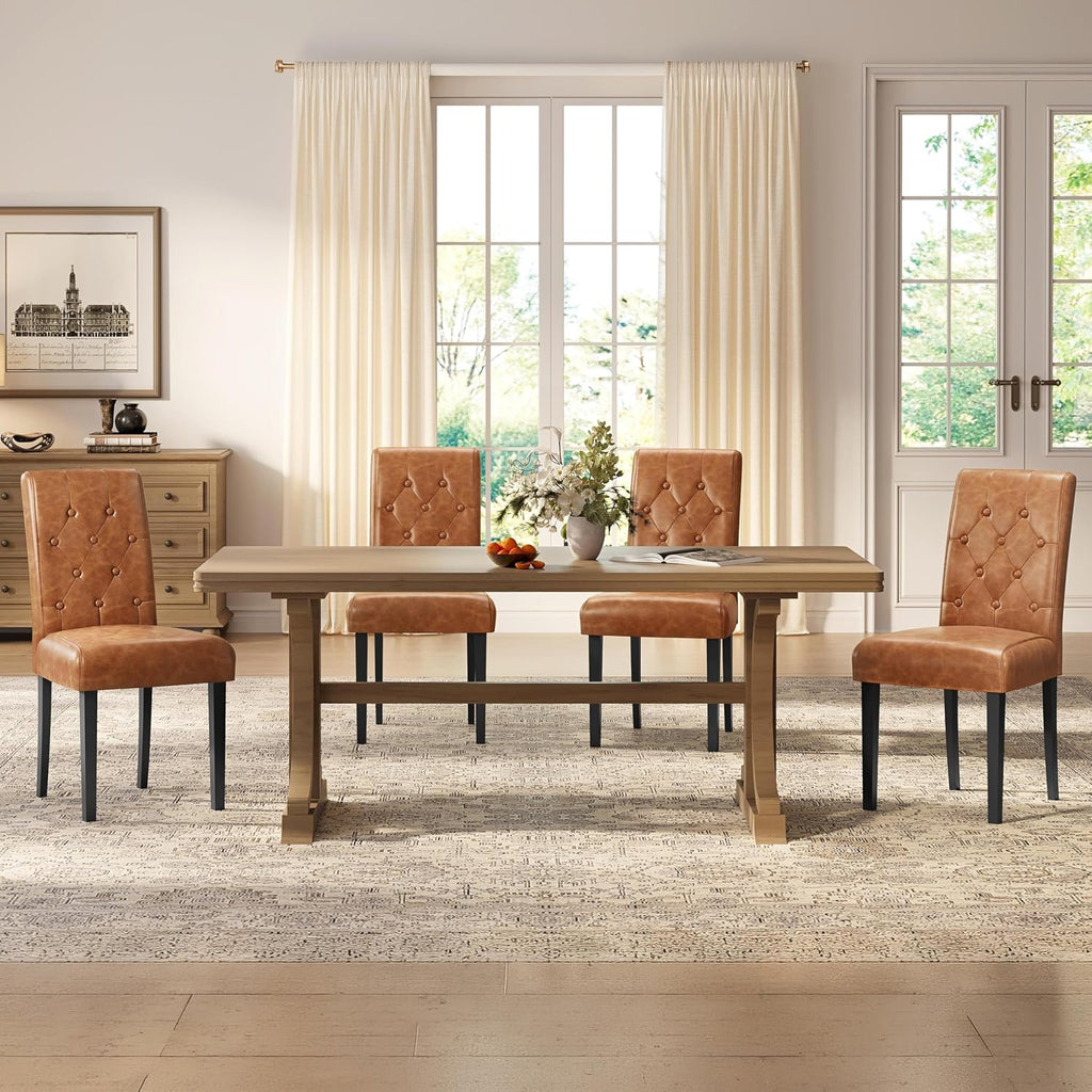 Yaheetech Dining Chairs Set of 6 Modern Style Faux Leather Dining Room Chairs with Solid Wood Legs and Button Tufted Padded for Home Kitchen, Retro Brown