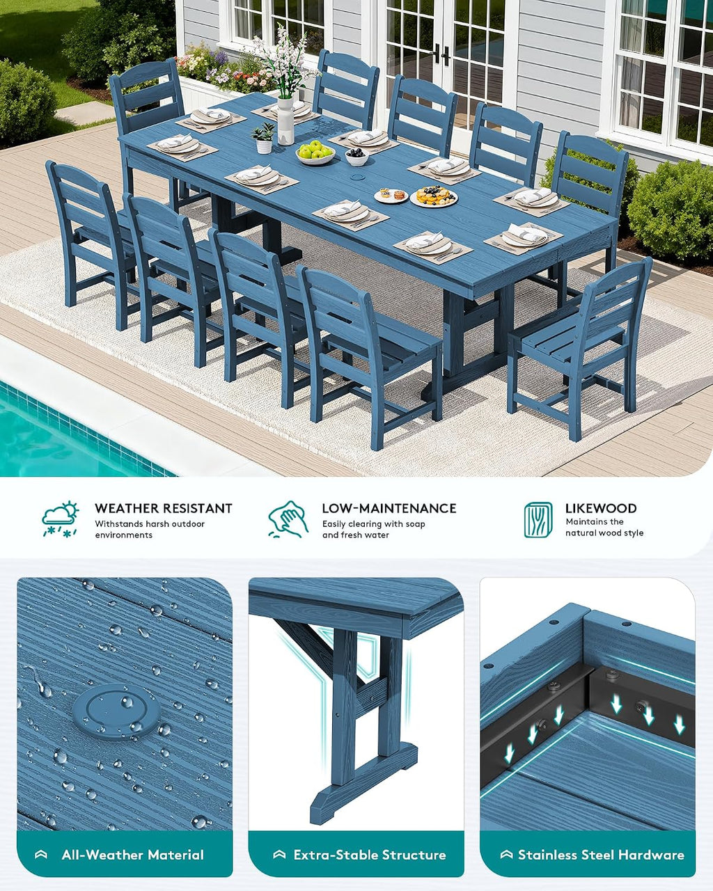 SERWALL Outdoor Dining Table, 84' Rectangular Dining Table for 6-10 Person, All Weather HDPE Outdoor Furniture for Backyard, Garden, Navy