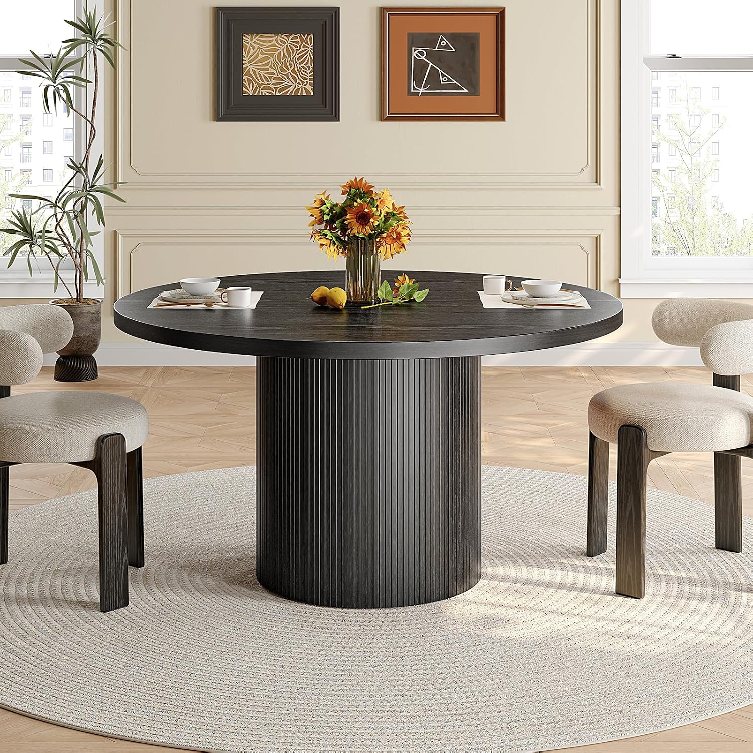 47 inch Round Dining Table for 4, Circle Kitchen Table with Wood Strip Base, Modern Farmhouse Dinner Tables for Kitchen, Living Room (Black)