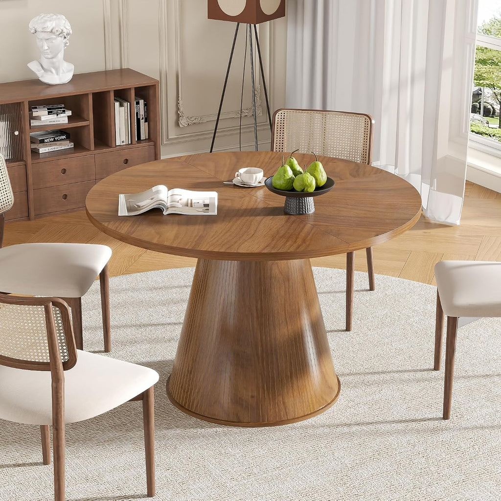 47 inch Round Dining Table for 4-6, Circle Kitchen Table with Sturdy Tapered Base, Mid Century Modern Fluted Dining Tables for Dining Room, Kitchen, Living Room (Walnut, 47inch)