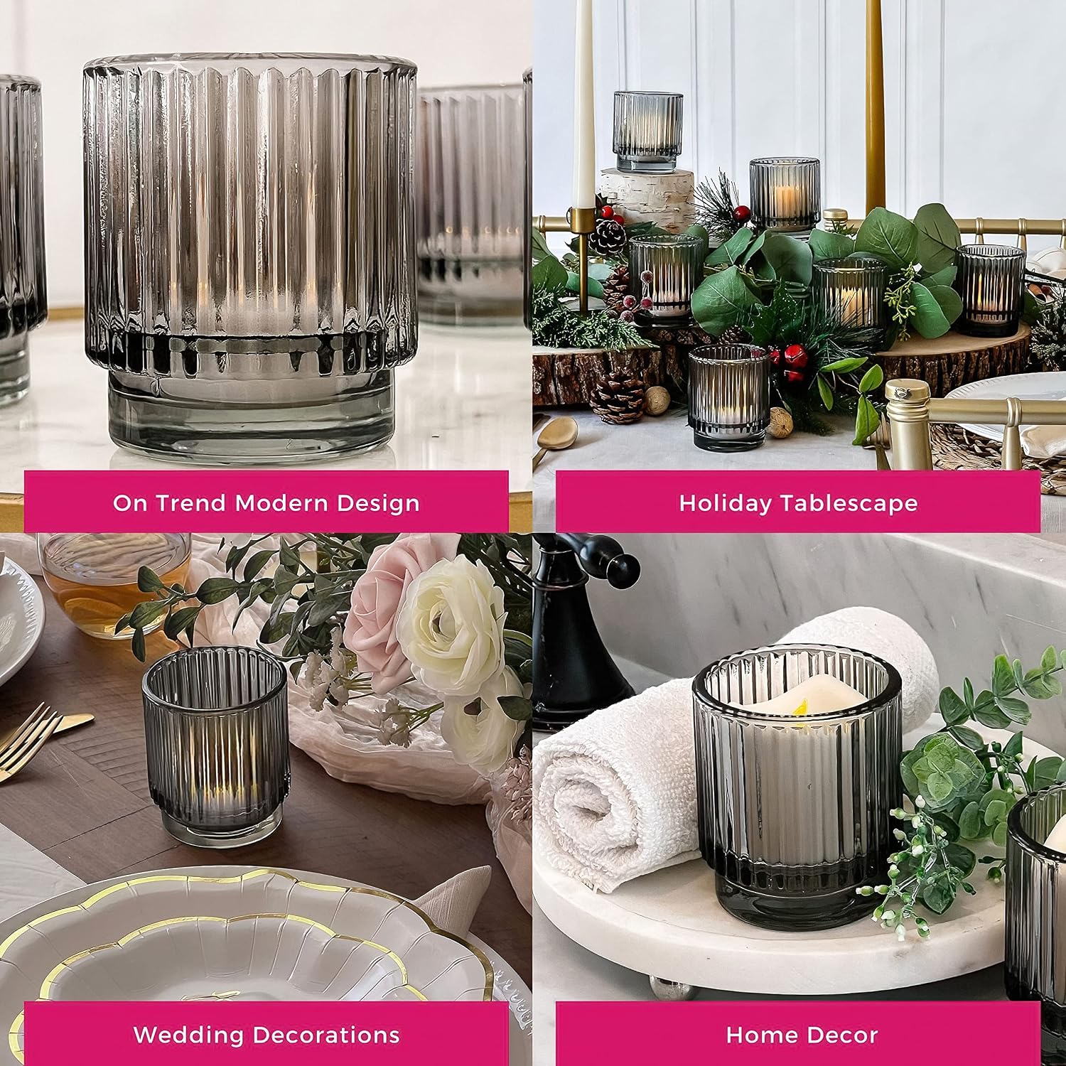 Kate Aspen Ribbed Glass Candle Holder Set - 6 Smoke Gray Tealight Holders for Home, Kitchen, Room or Living Room Decor - Vintage Tea Light Votive Accent for Table or Shelf Styling (Pack of 6)
