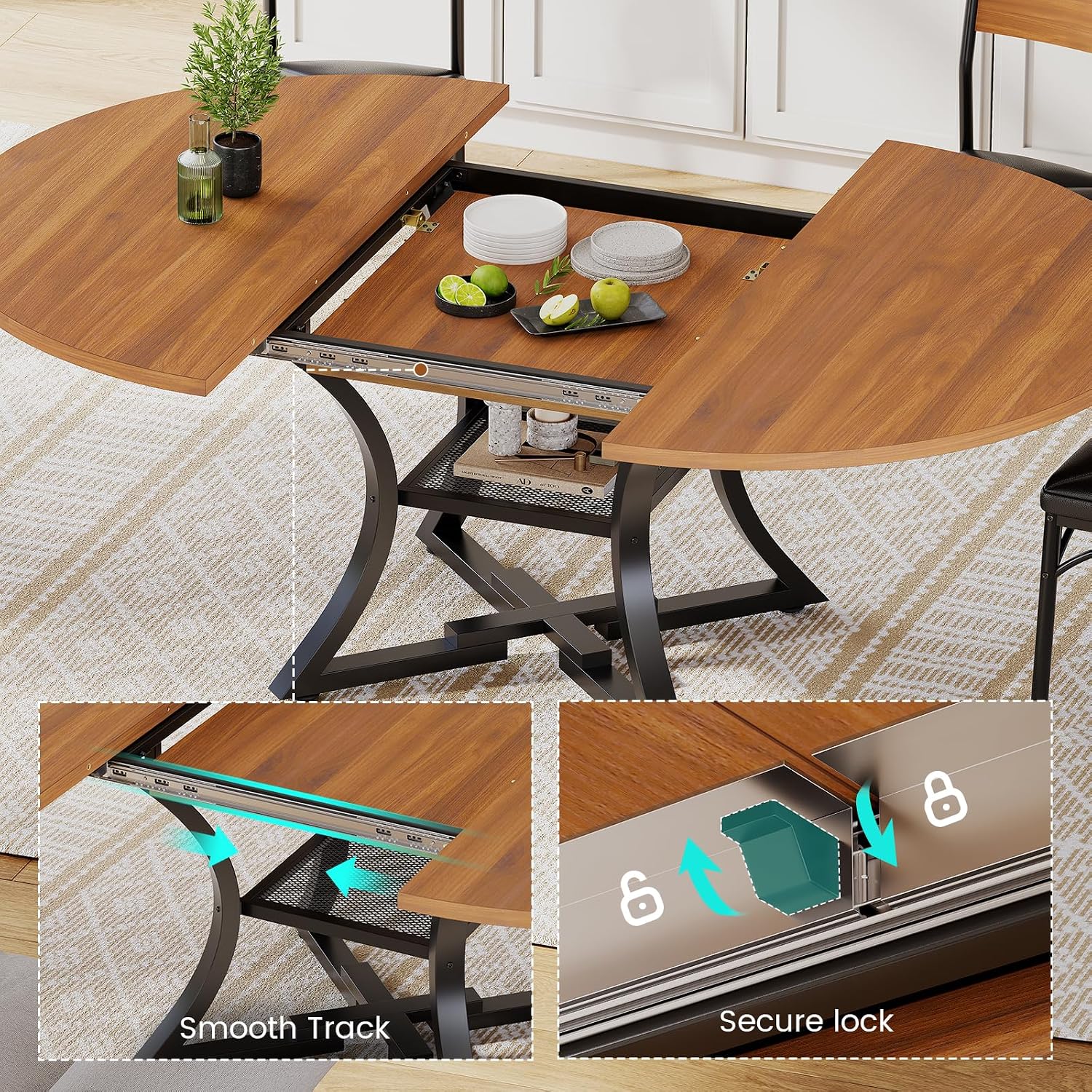 Itaar Round Extendable Dining Table Set for 4-6 People, 5-Piece Kitchen Table Set with 4 Cushion Chairs, Dining Room Table for 6 with MDF Board & Metal Frame for Small Space, Easy Clean, Brown