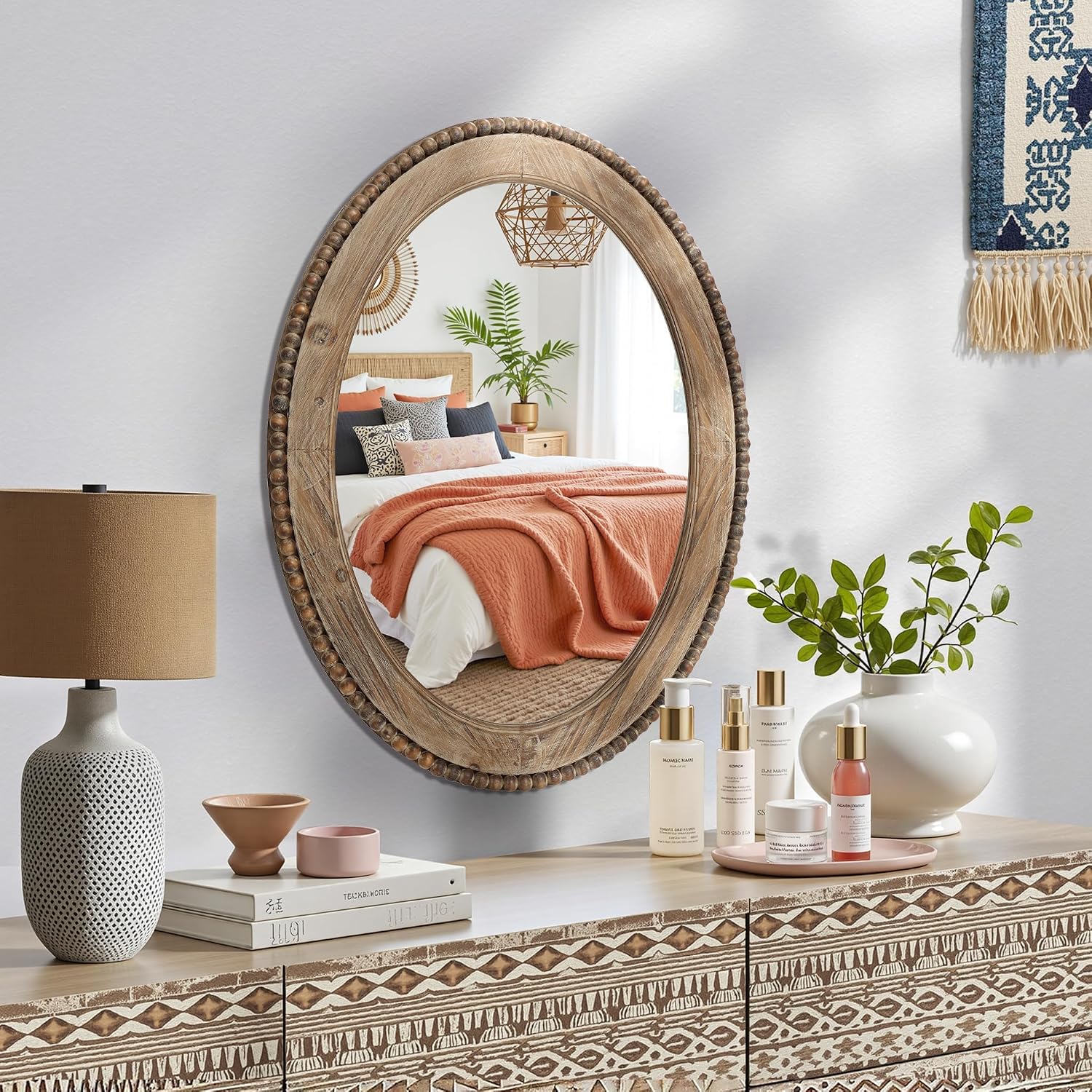 LuxenHome Traditional Oval Wall Mirror, 32-Inch Wood Framed Accent Wall Mirrors, Farmhouse Decorative Wooden Mirror Accent Entryway Wall Mirror, Wall Mounted Mirror Living Room Wall Decor