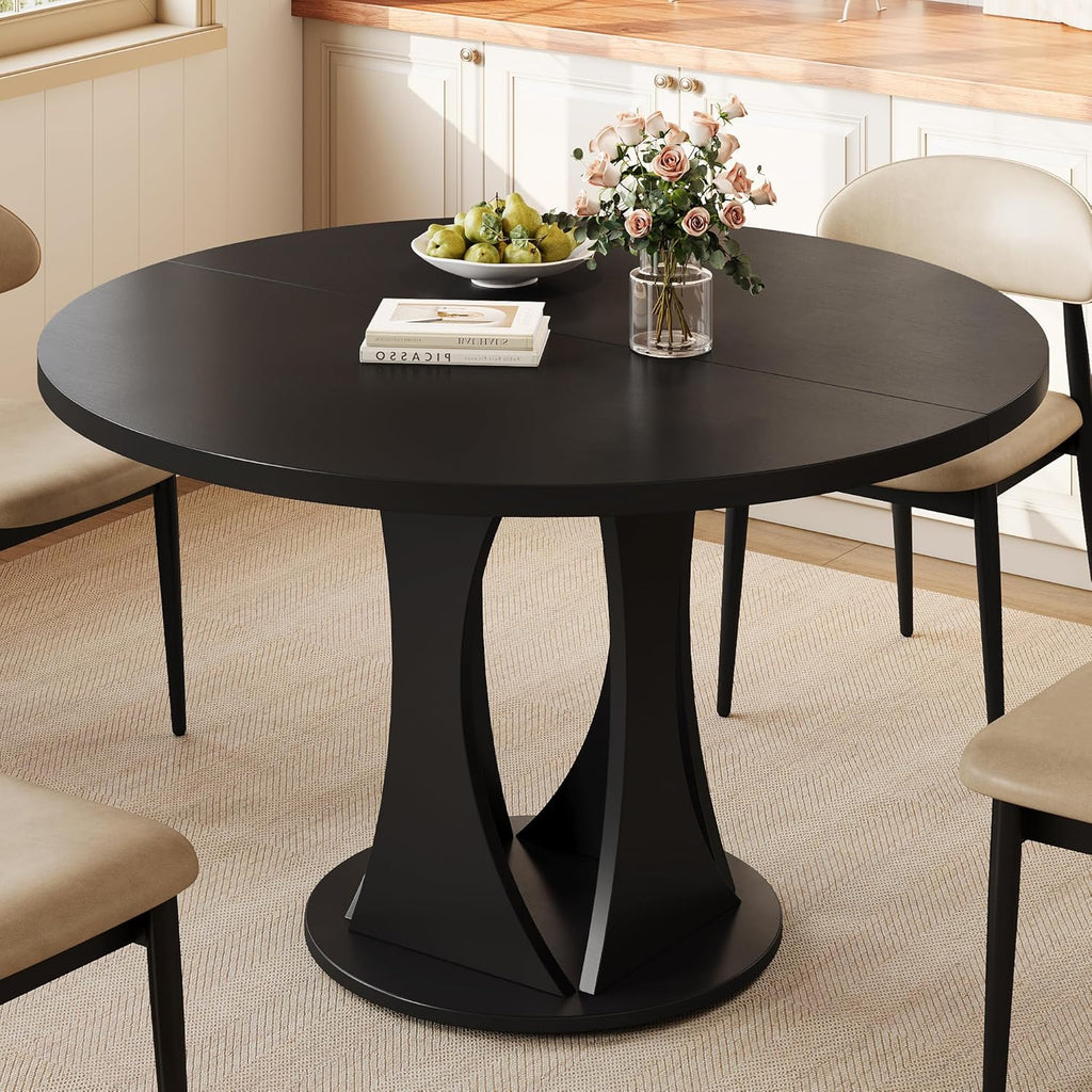 Einhomn Round Dining Table for 4-6, Kitchen Table with Sturdy Double Arc & Rounded Base & Backboard Clasp Desktop, Mid-Century Modern Circle Dinner Table for Dining Living Room, Space Saving, Black