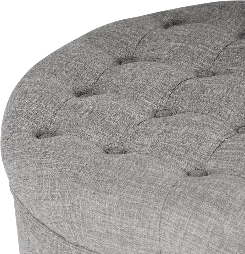 Homepop Home Decor |Button Tufted Woven Round Storage Ottoman | Ottoman with Storage for Living Room & Bedroom (Gray Woven)