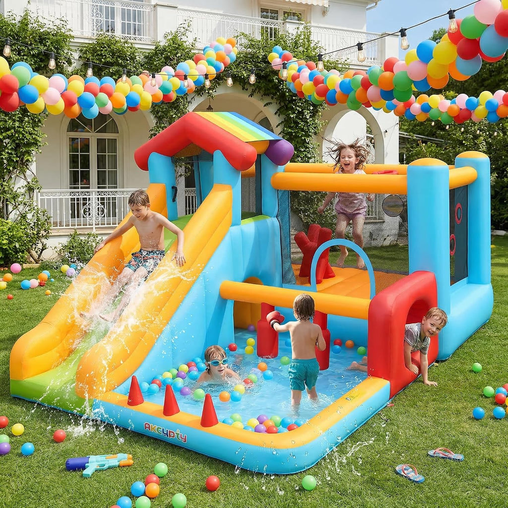 AKEYDIY Bounce House, Inflatable Bounce House for Kids 3-12, Obstacle Bouncy House with Slide, Trampoline, Ball Pit, Basketball Hoop, Target, Climbing, Tunnel, Indoor Outdoor, 450W Blower
