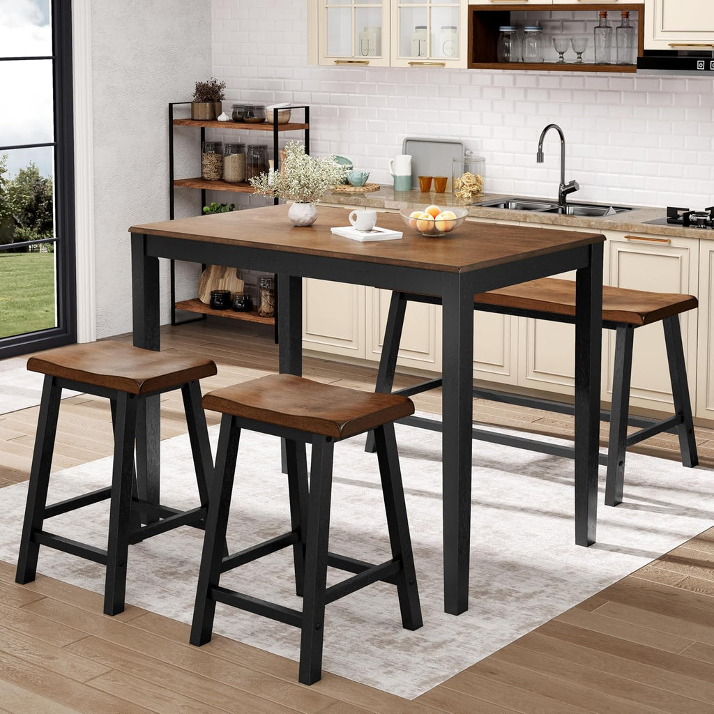 Sophia & William Dining Table Set for 4, Counter Height Table and Chairs, Kitchen Table Set with Bench and 2 Chairs, Small Breakfast Bar Dining Set, Walnut & Black