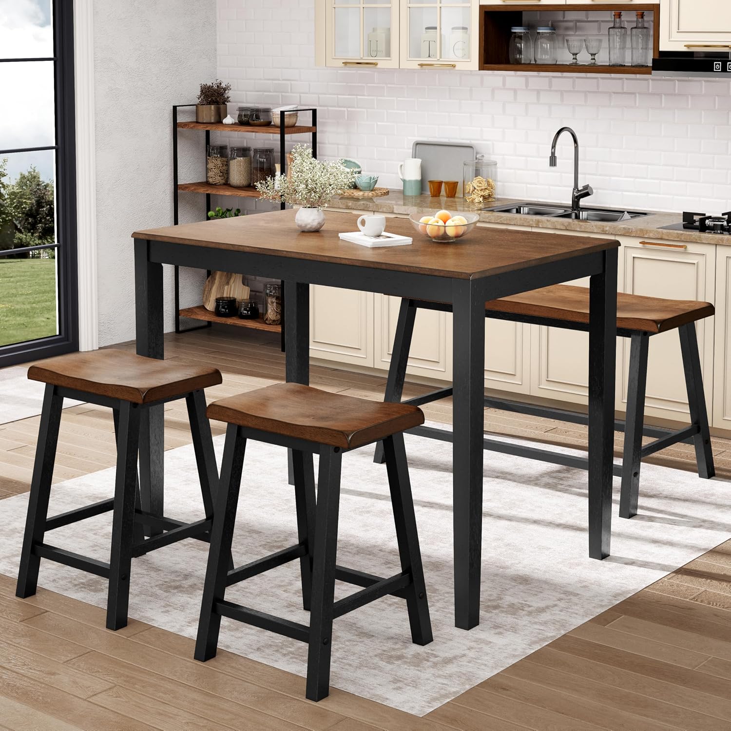 Sophia & William Dining Table Set for 4, Counter Height Table and Chairs, Kitchen Table Set with Bench and 2 Chairs, Small Breakfast Bar Dining Set, Walnut & Black