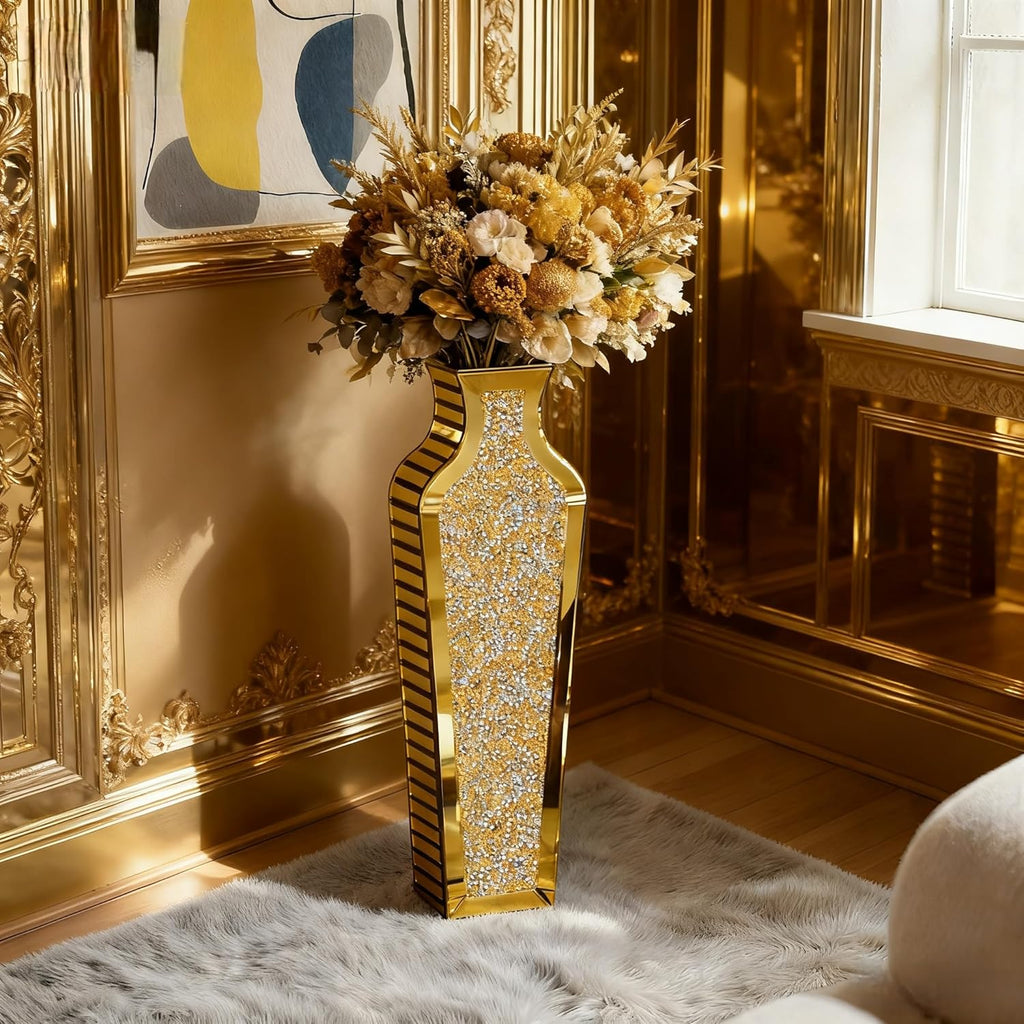 SHYFOY Gold Crushed Diamond Floor Vase, Large Mirrored Tall Vases for Floor, Modern Glass Decorative Vases for Living Room Bedroom Home Corner Indoor Office, 26.8' Tall