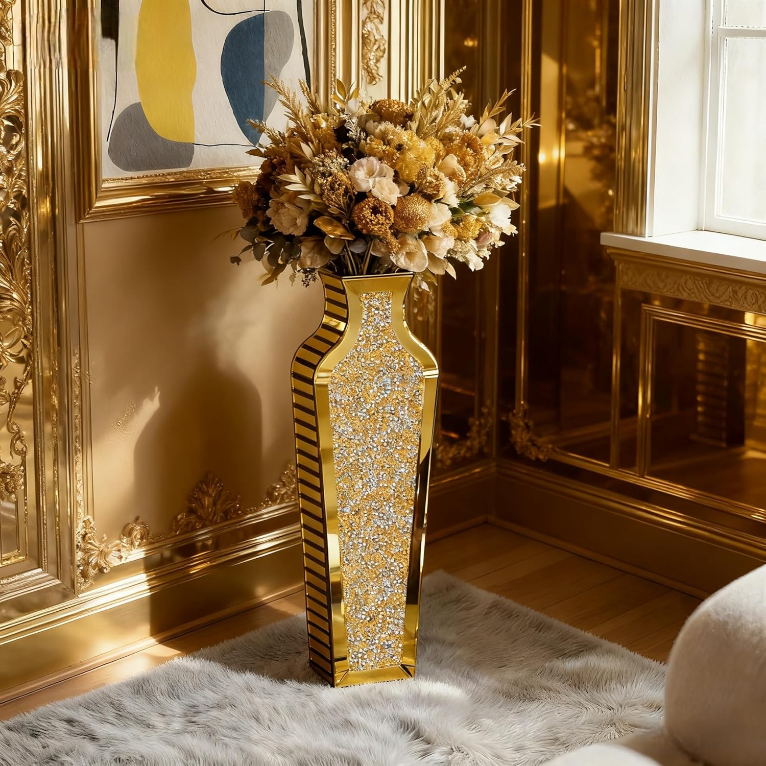 SHYFOY Gold Crushed Diamond Floor Vase, Large Mirrored Tall Vases for Floor, Modern Glass Decorative Vases for Living Room Bedroom Home Corner Indoor Office, 26.8' Tall