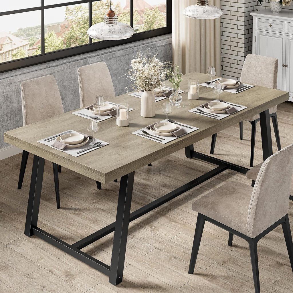 IRONCK 71' Dining Table for 6-8 People, Industrial Kitchen Table with Sturdy Metal Frame, Rectangular Grey Wood Dinner Table for Dining Room