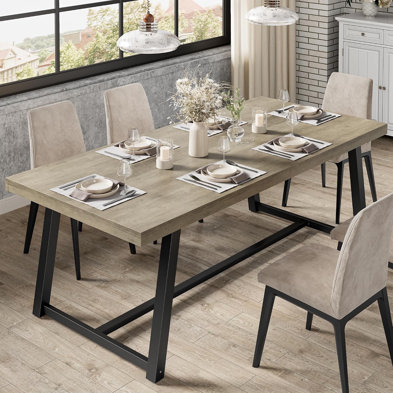 IRONCK 71' Dining Table for 6-8 People, Industrial Kitchen Table with Sturdy Metal Frame, Rectangular Grey Wood Dinner Table for Dining Room