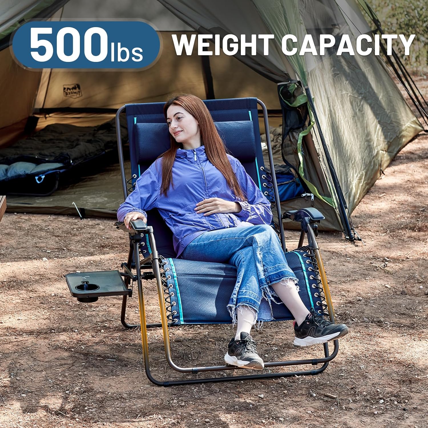 Timber Ridge Oversized Zero Gravity Chair, 33In Wide XXL Zero Gravity Reclining Chair with Side Table, Full Padded Lounge Chair for Outdoor Camping Patio Lawn, Heavy Duty Supports 500lbs, Blue-2 Pack
