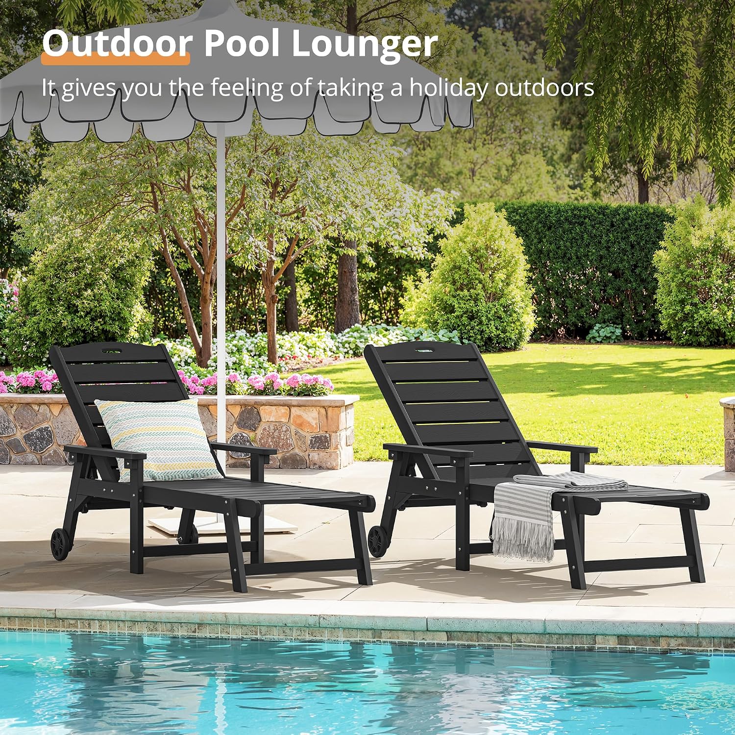 LUE BONA Chaise Lounge Chair with Table, 3-Piece, HDPS Chaise Lounger, 5 Positions Adjustable Lounge Chairs, Pool Lounge Chair with Wheels for Poolside, Backyard, Black