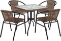 Flash Furniture Lila 28'' Square Glass Metal Table with Dark Brown Rattan Edging and 4 Dark Brown Rattan Stack Chairs