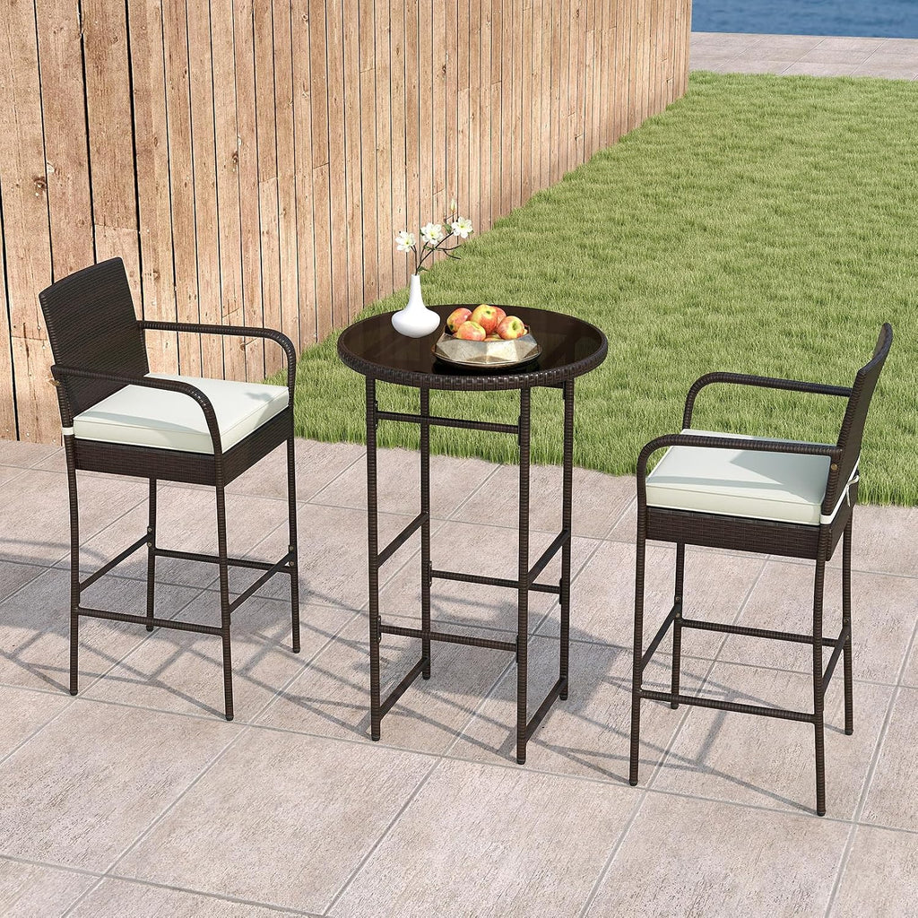 Tangkula 3 Piece Outdoor Bar Set, Patio Rattan Heavy Duty Bar Height Glass Top Table & Chairs w/ 2 Cushioned Barstools, for Porch, Yard, Poolside
