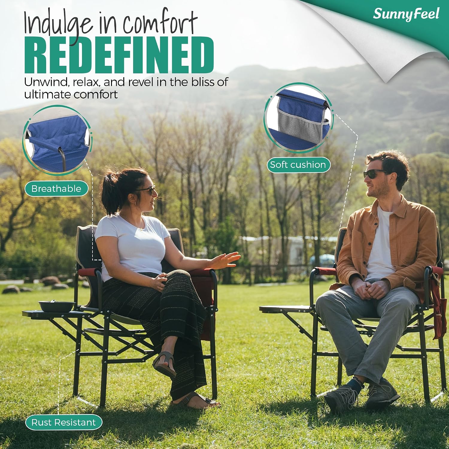 SUNNYFEEL Camping Directors Chair, Heavy Duty,Oversized Portable Folding Chair with Side Table, Pocket for Beach, Fishing,Trip,Picnic,Lawn,Concert Outdoor Foldable Camp Chairs