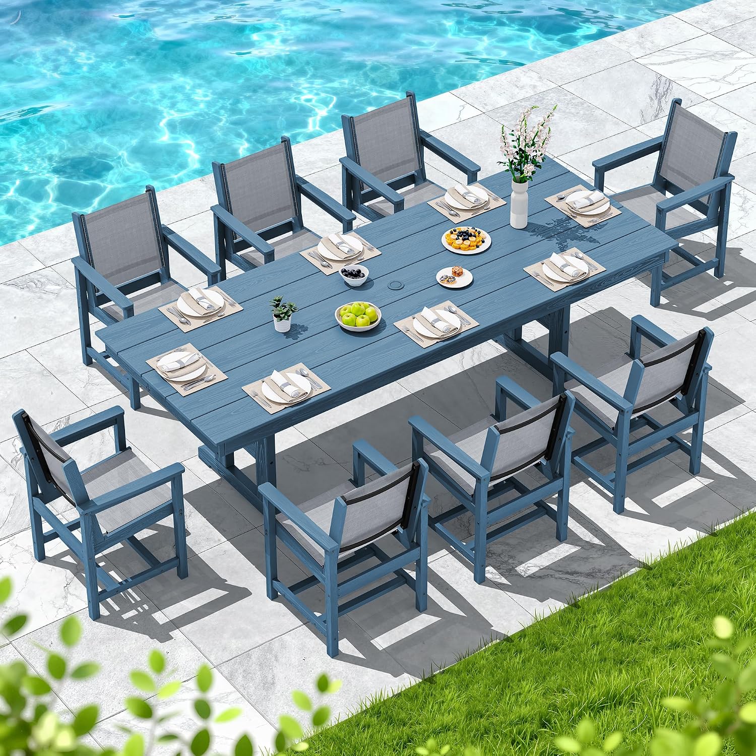 SERWALL 9 Piece Outdoor Dining Set, 84' HDPE Outdoor Large Table and Textilene Sling Chairs for 8，All Weather Patio Dining Furniture Set with Umbrella Hole for Backyard, Garden, Blue