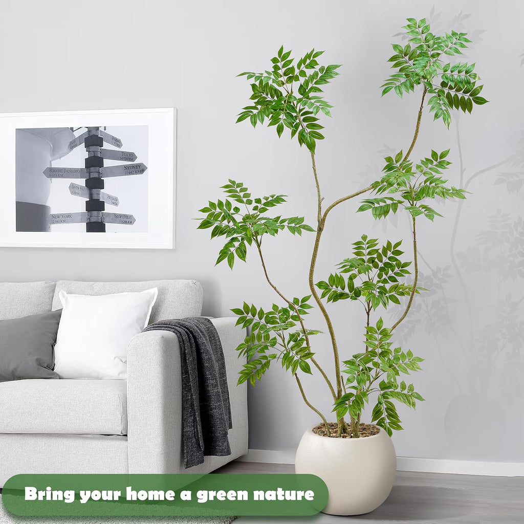 Artificial Mahonia Tree 6FT, Realistic Faux Indoor Tree with White Planter and Decorative Stones, Real-Touch Leaves, Bendable Branches, Tall Fake Floor Plant for Living Room Office Entryway Decor