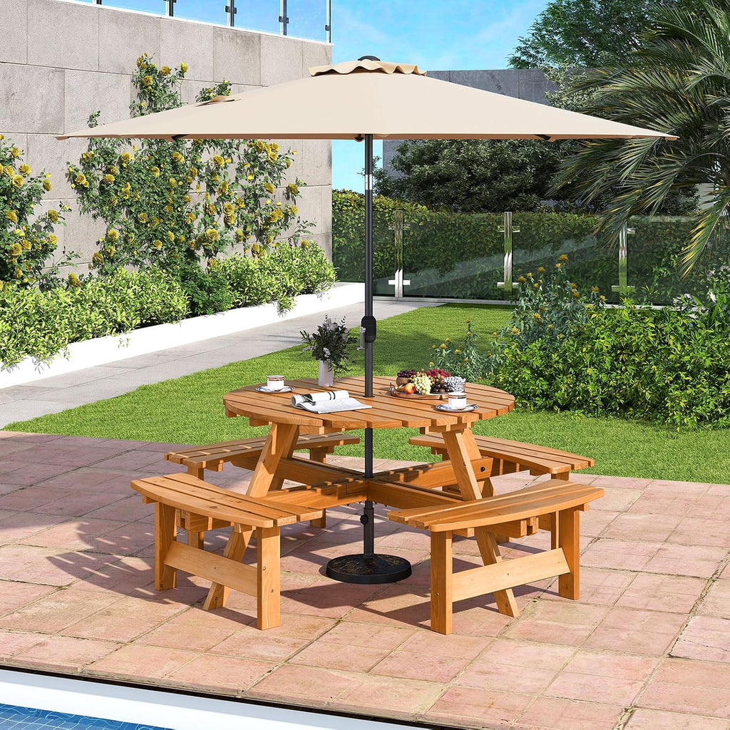Giantex 8-Person Round Picnic Table Set with 4 Benches, 550 LBS Bench Capacity, 2' Umbrella Hole, Circular Outdoor Wood Dining Table & Chairs for Patio Yard Garden Porch Deck (71'x71'x28',Yellow)