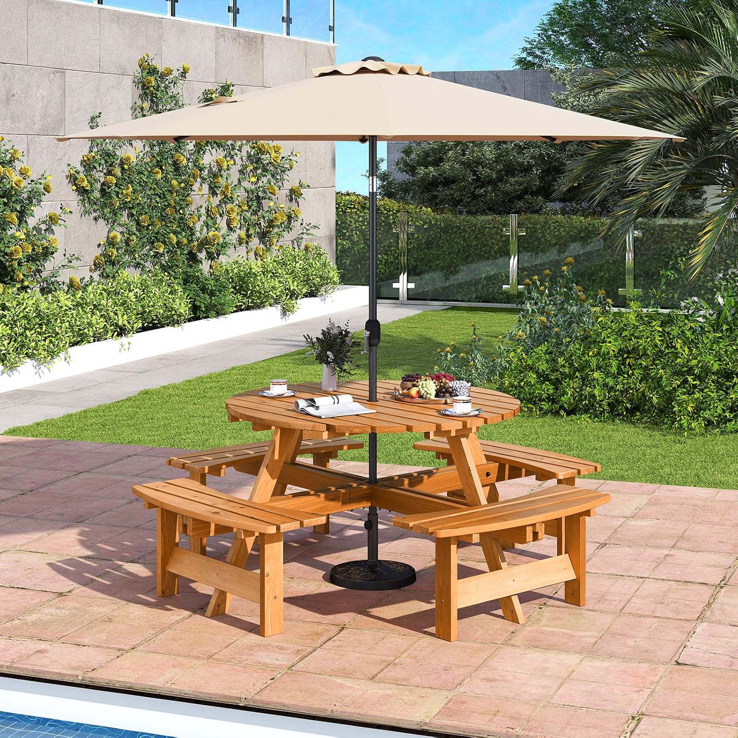 Giantex 8-Person Round Picnic Table Set with 4 Benches, 550 LBS Bench Capacity, 2' Umbrella Hole, Circular Outdoor Wood Dining Table & Chairs for Patio Yard Garden Porch Deck (71'x71'x28',Yellow)
