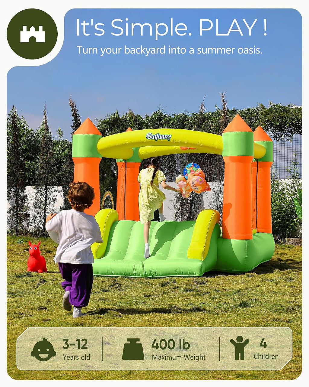 Outfunny Bounce House with Slide, Inflatable Bouncy House for Kids 3-12, Outdoor&Indoor, Bounce Area 8'x8', Capacity 400 lb - Green