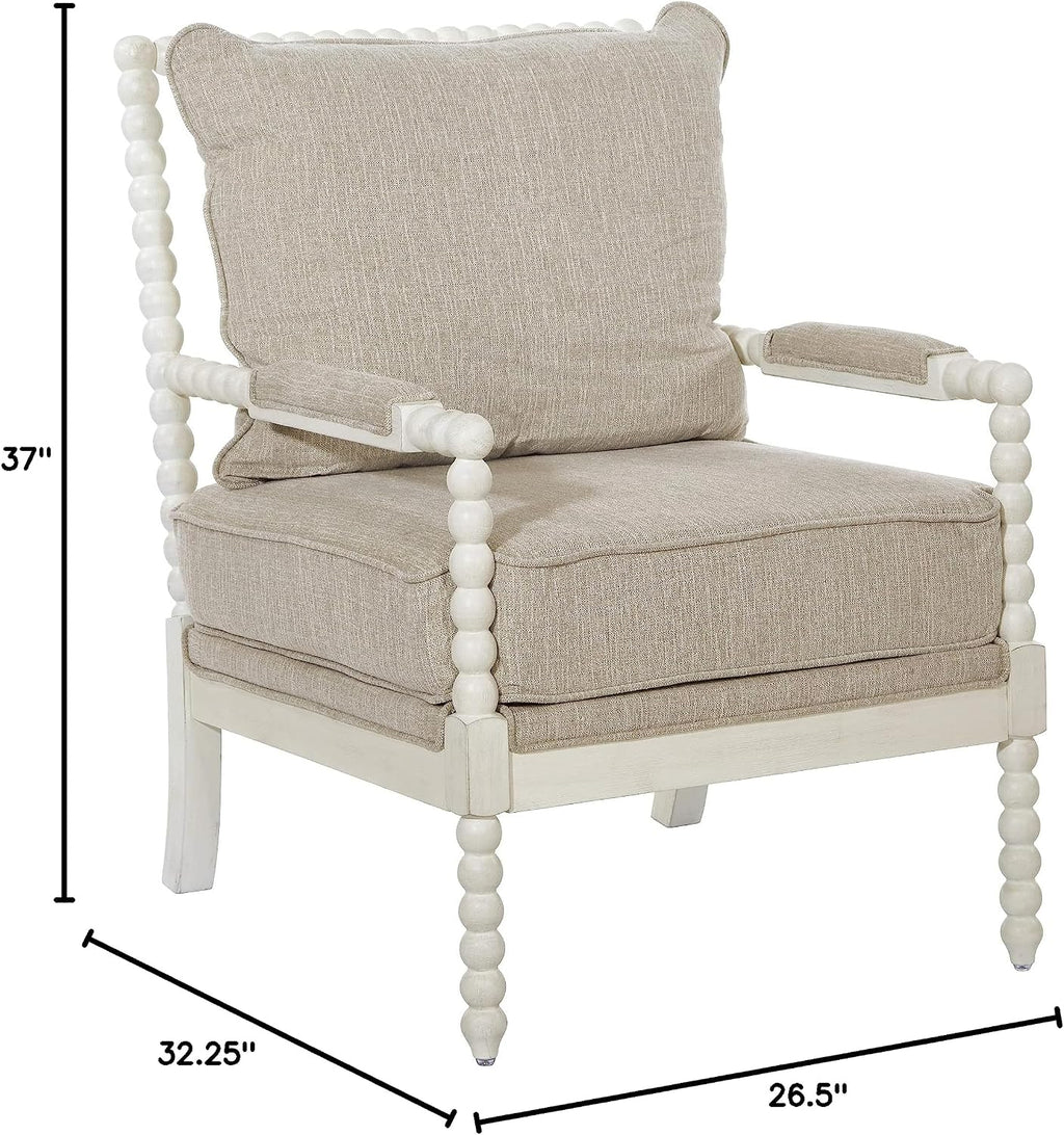 OSP Home Furnishings Kaylee Spindle Accent Chair with Antique White Wood Frame, Beige Linen Fabric