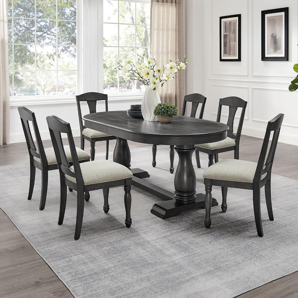 7-Pcs 94.06'' Extendable Wood Dining Table Set, Oval Large Kitchen Table & 6 Upholstered Chairs, Modern Mid-Century Style, Black