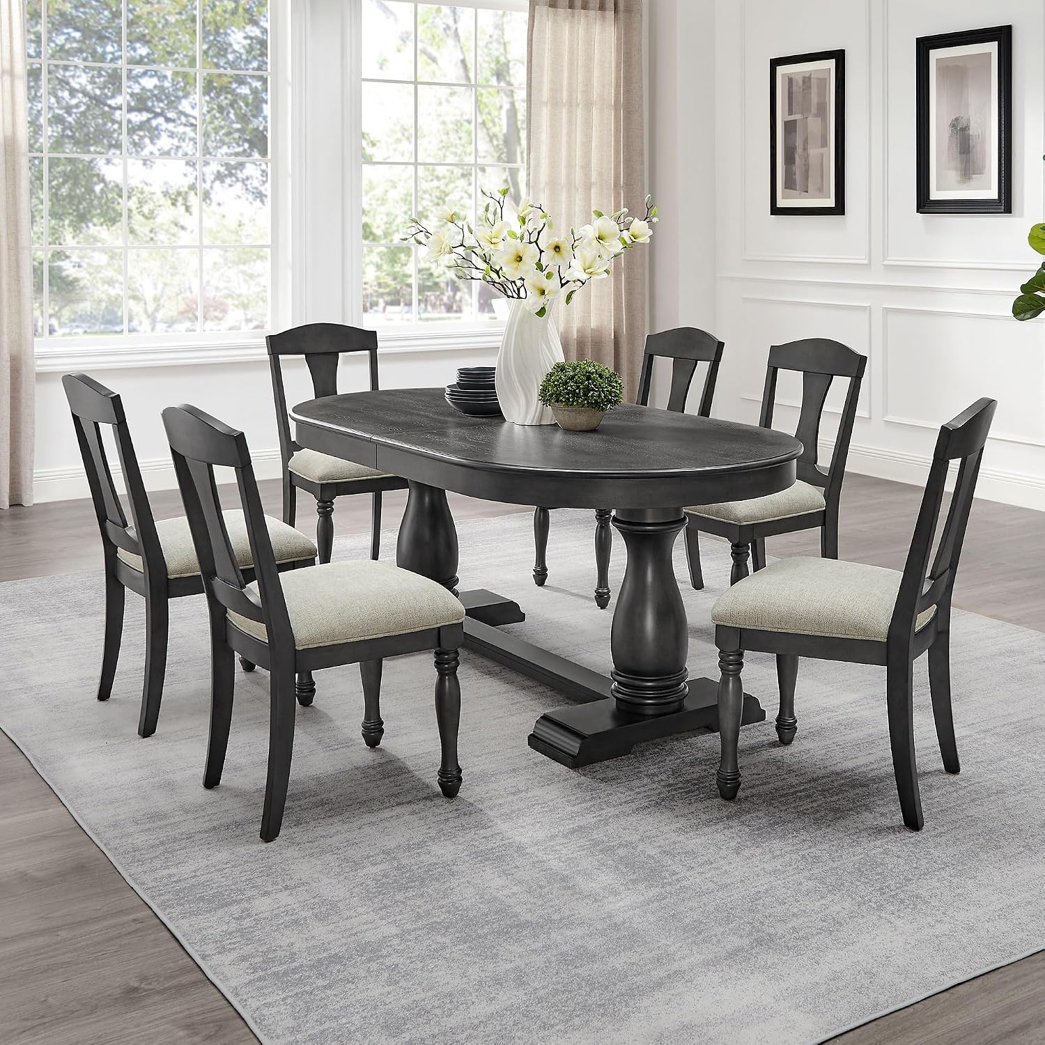 7-Pcs 94.06'' Extendable Wood Dining Table Set, Oval Large Kitchen Table & 6 Upholstered Chairs, Modern Mid-Century Style, Black