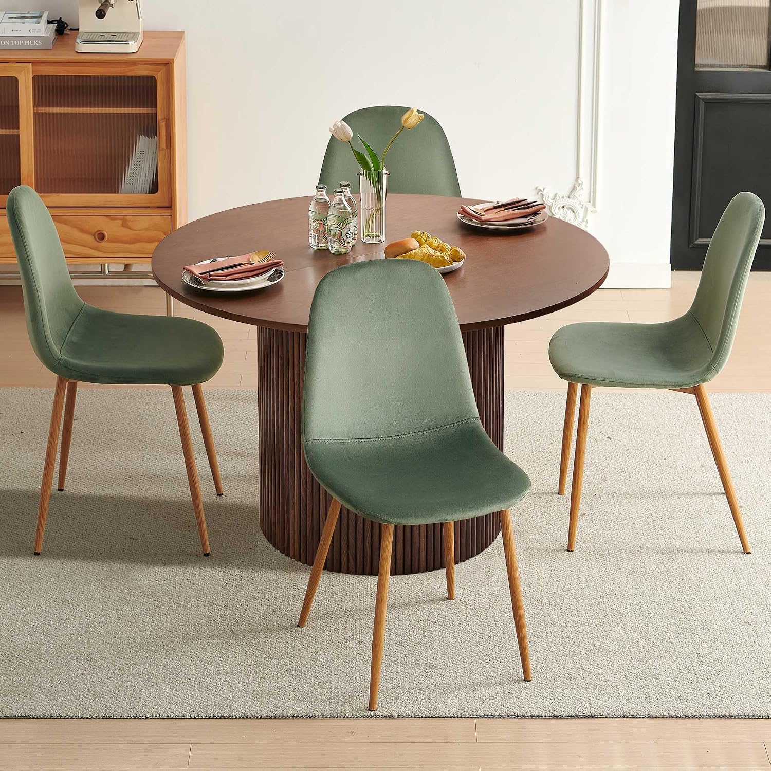 Dining Table Set for 4, Mid Century Modern 47 Inch Wooden Round Dining Table Set, Space Saving (Table + 4 Green Chairs)