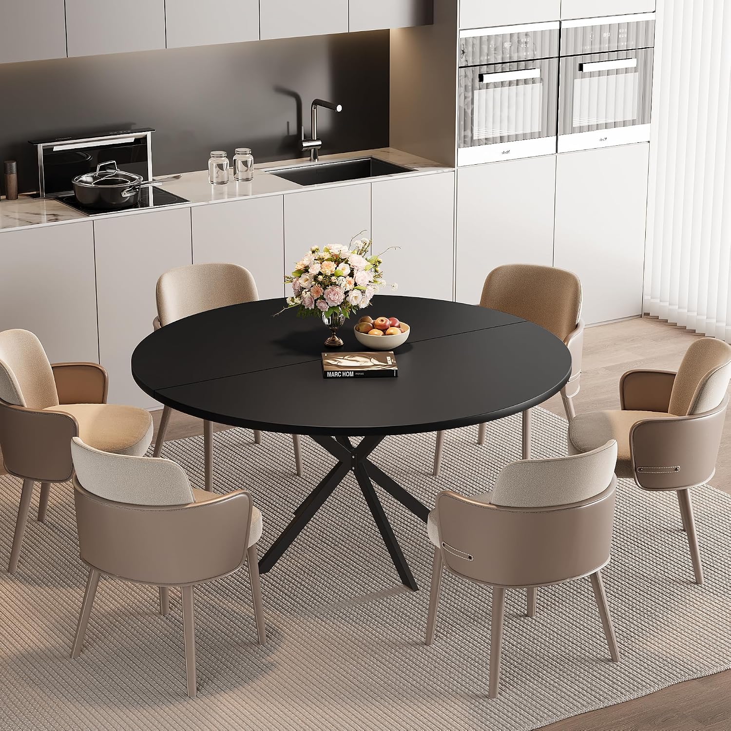 47.24' Round Dining Table for 4-6 Person, Round Kitchen Table with Wood Top, Circle Dinner Pedestal Tables with Metal Legs for Dining Room Kitchen (Black)