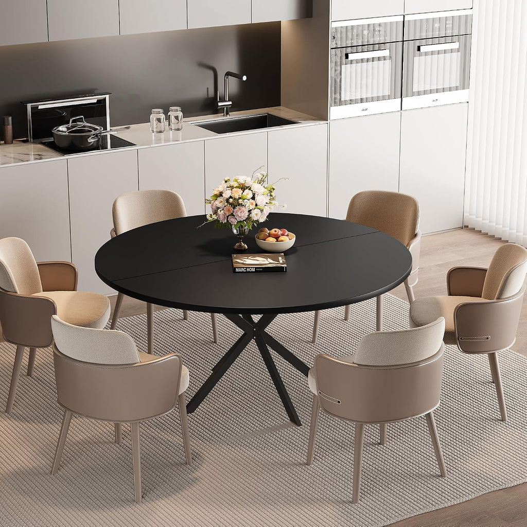 47.24' Round Dining Table, Modern Dining Room Table for 4-6 Person, Wood Round Kitchen Table with Metal Legs, Round Coffee Table for Home Dining Room Living Room (Black)