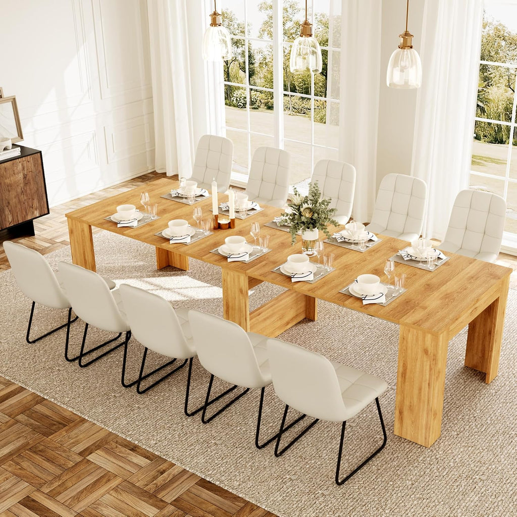 HIPIHOM 17.7'-118' Extendable Dining Table Set for 12, Extension Long Table Set with Extension Leaves Holder, Space-Saving for Meeting, Dining Room(Oak Table+10 U-Shaped White Chairs)