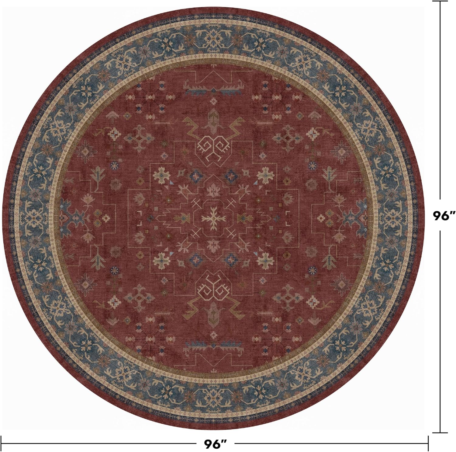 8ft Burgundy Round Rug for Living Room, Untra Large Vintage Washable Soft Area Rug for Dining Room, Bedroom Under Bed, Non Slip Low Pile Stain & Fade Resistant, Boho Geometric Floral Décor Indoor