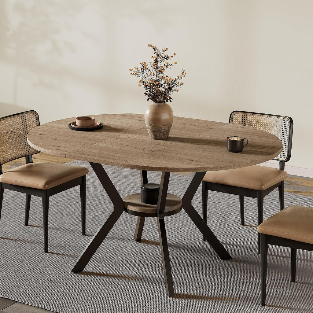 42'-58' Extendable Round Dining Table with Built-in Flip Leaf, Modern Oval Kitchen Table for 4-6, Space-Saving Small Room Furniture with Storage Shelf and X-Shaped Metal Base