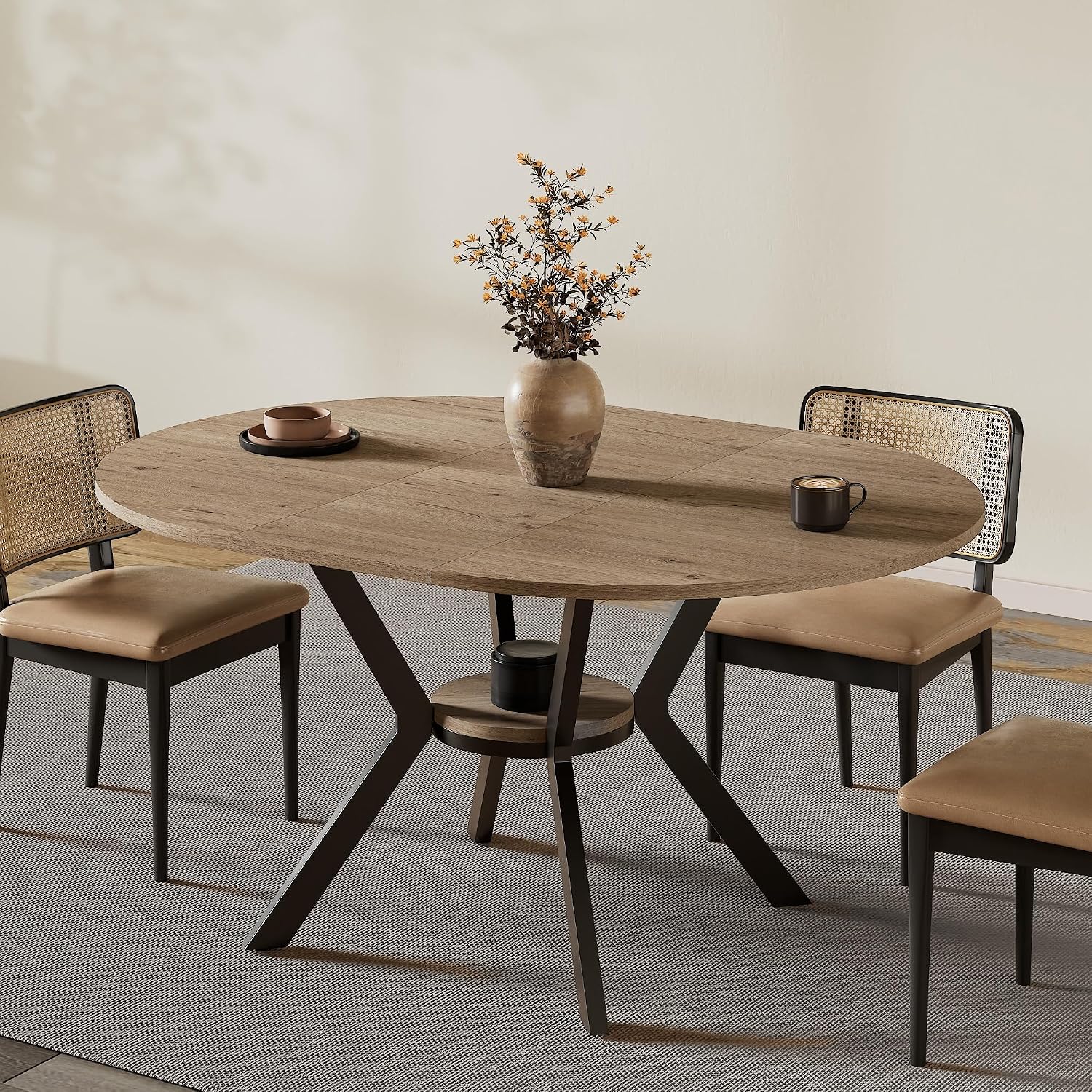 42'-58' Extendable Round Dining Table with Built-in Flip Leaf, Modern Oval Kitchen Table for 4-6, Space-Saving Small Room Furniture with Storage Shelf and X-Shaped Metal Base