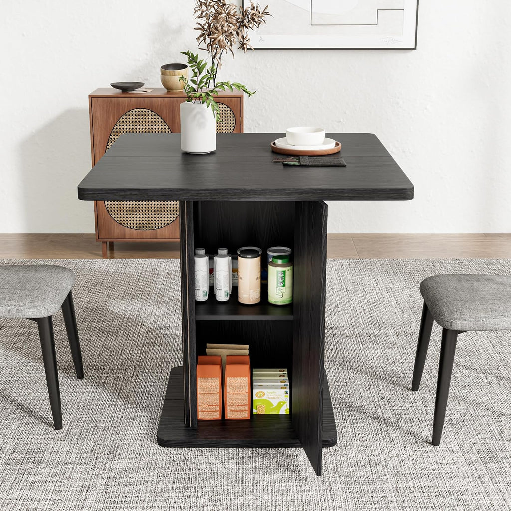 Small Black Dining Table for 2-4, 31.5 Inch Farmhouse Square Kitchen Table with 2-Tier Storage Shelf, Modern Wood Dinner Furniture with Fluted Doors, Dining Room, Living Room, Space Saving