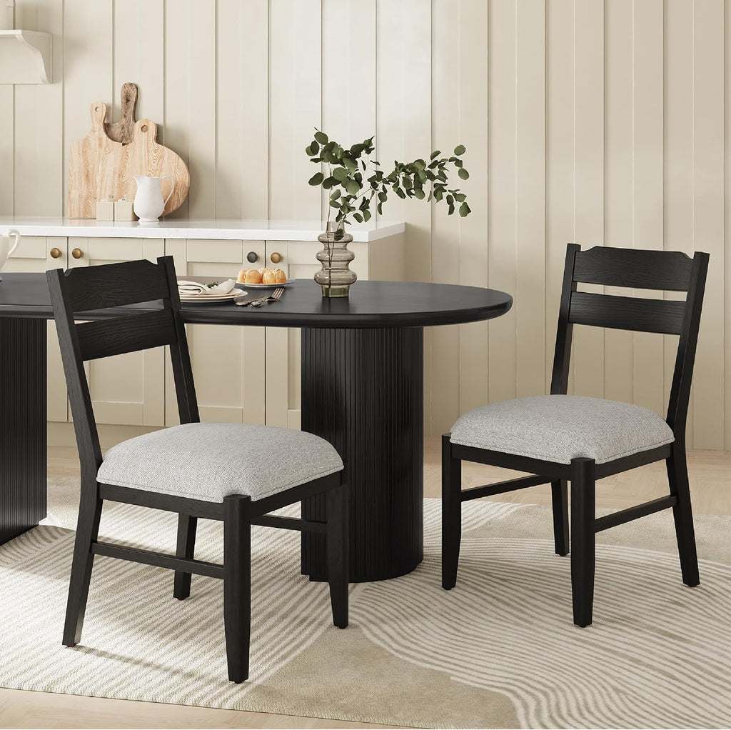 COLAMY Solid Wood Dining Chairs Set of 2, Modern Farmhouse Dining Room Chairs with 3.2' Thick Upholstered Seat, Ladder Back Kitchen Chairs for Breakfast Nook, Black