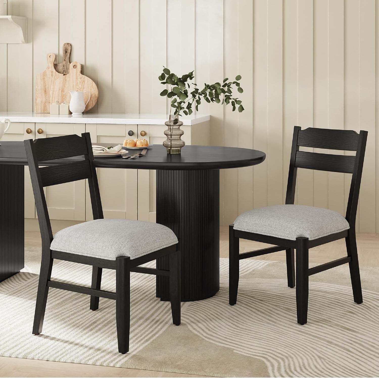 COLAMY Solid Wood Dining Chairs Set of 2, Modern Farmhouse Dining Room Chairs with 3.2' Thick Upholstered Seat, Ladder Back Kitchen Chairs for Breakfast Nook, Black