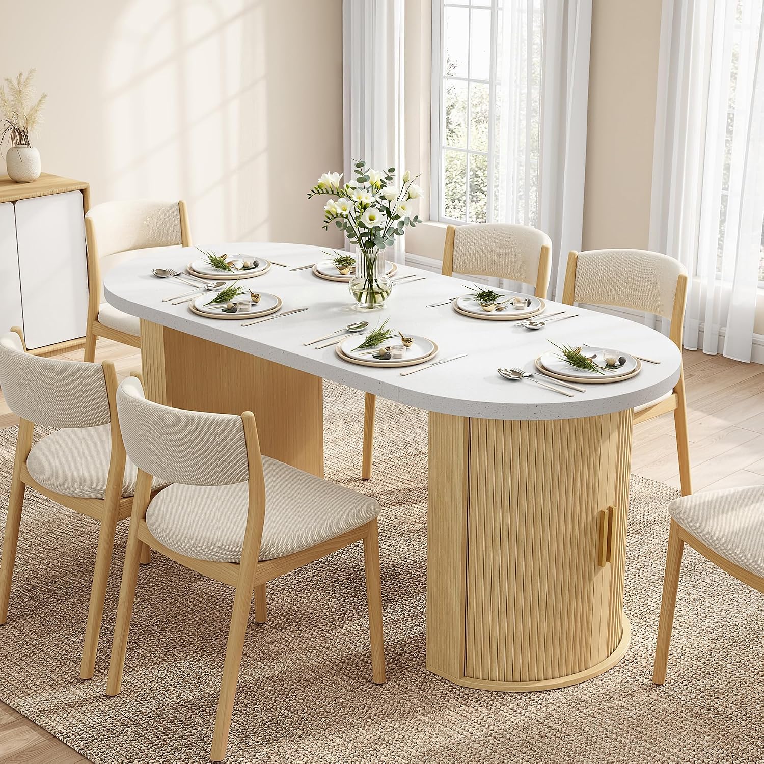 IRONCK 71' Oval Dining Table for 4-8, Modern Farmhouse Dining Table with Hidden Storage & Fluted Base, 1.6' Thick Faux Quartz Top, Dinner Table for Dining Room Kitchen Home Office, Oak