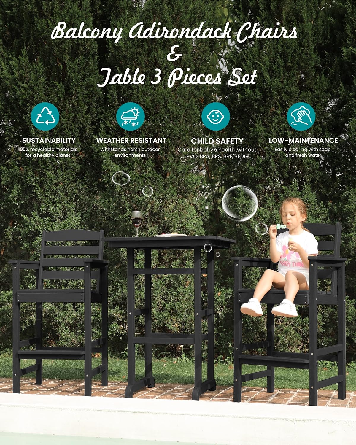 SERWALL 5 Pieces Outdoor Patio Bar Set, Oversize Tall Adirondack Bar Chair and Table Set, Black