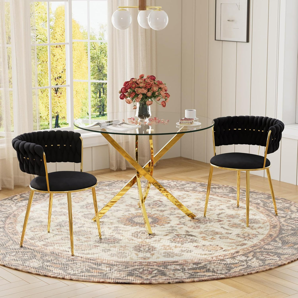 Round Glass Dining Table Set for 2, 36'' Small Circle Glass Kitchen Table with 2 Luxury Black Gold Velvet Dining Chairs, 3-Piece Dining Room Table Set for Small Place(Gold Base)