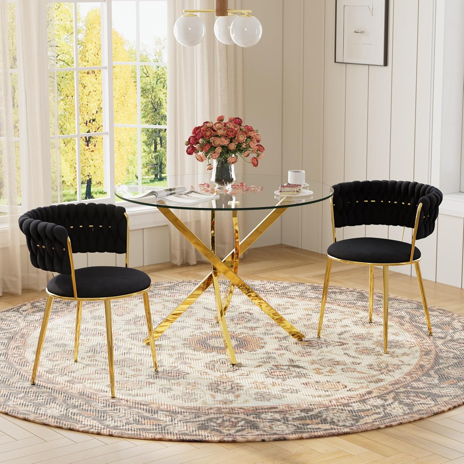 Round Glass Dining Table Set for 2, 36'' Small Circle Glass Kitchen Table with 2 Luxury Black Gold Velvet Dining Chairs, 3-Piece Dining Room Table Set for Small Place(Gold Base)