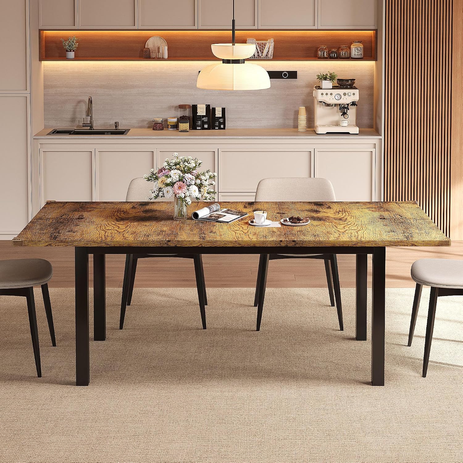 Einhomn Extendable Dining Table for 4-6, 63' Modern Kitchen Table, Farmhouse Dining Room Tables for Dining, Kitchen, Office, Living Room, Rectangular Wooden Tables, Space Saving (Rustic Brown)