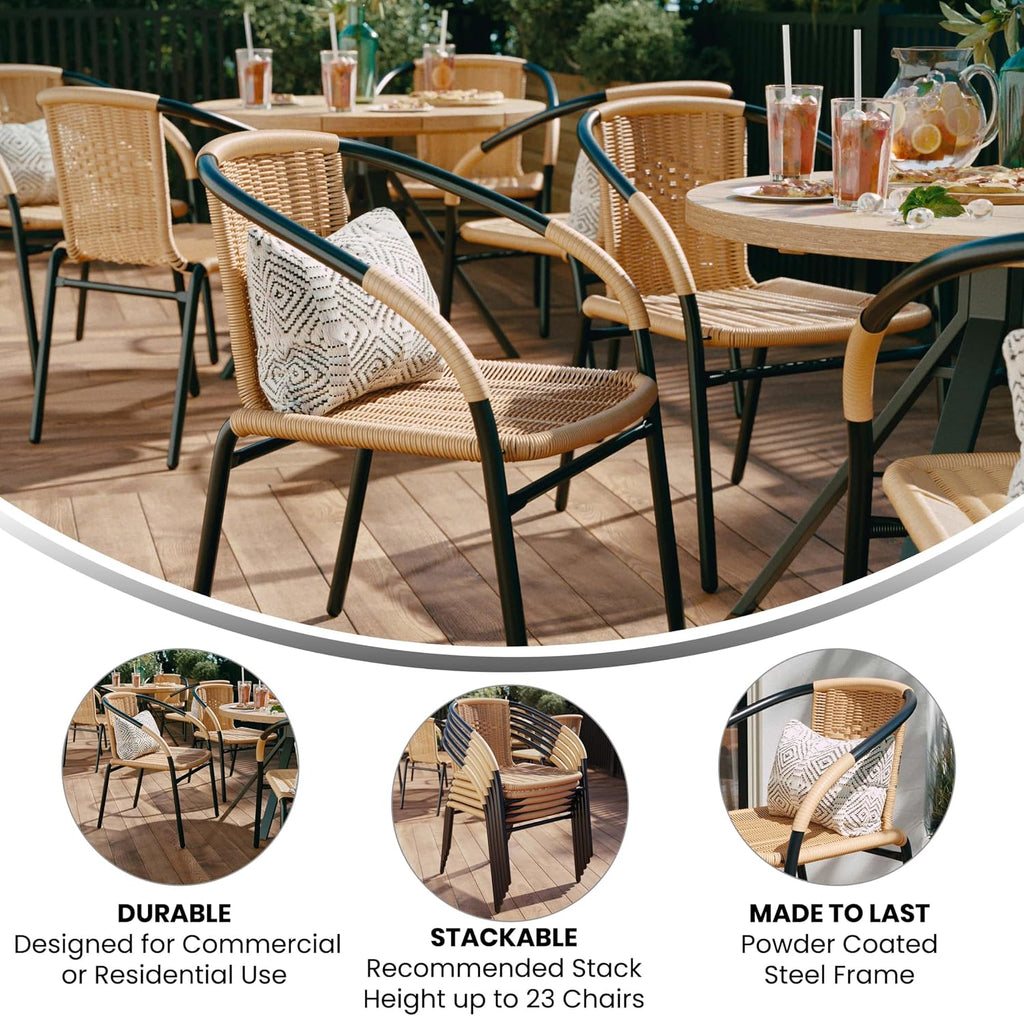 EMMA + OLIVER Set of 4 Modern PE Rattan Stack Chairs, Indoor/Outdoor Patio Dining Chairs, No Assembly Required, Beige