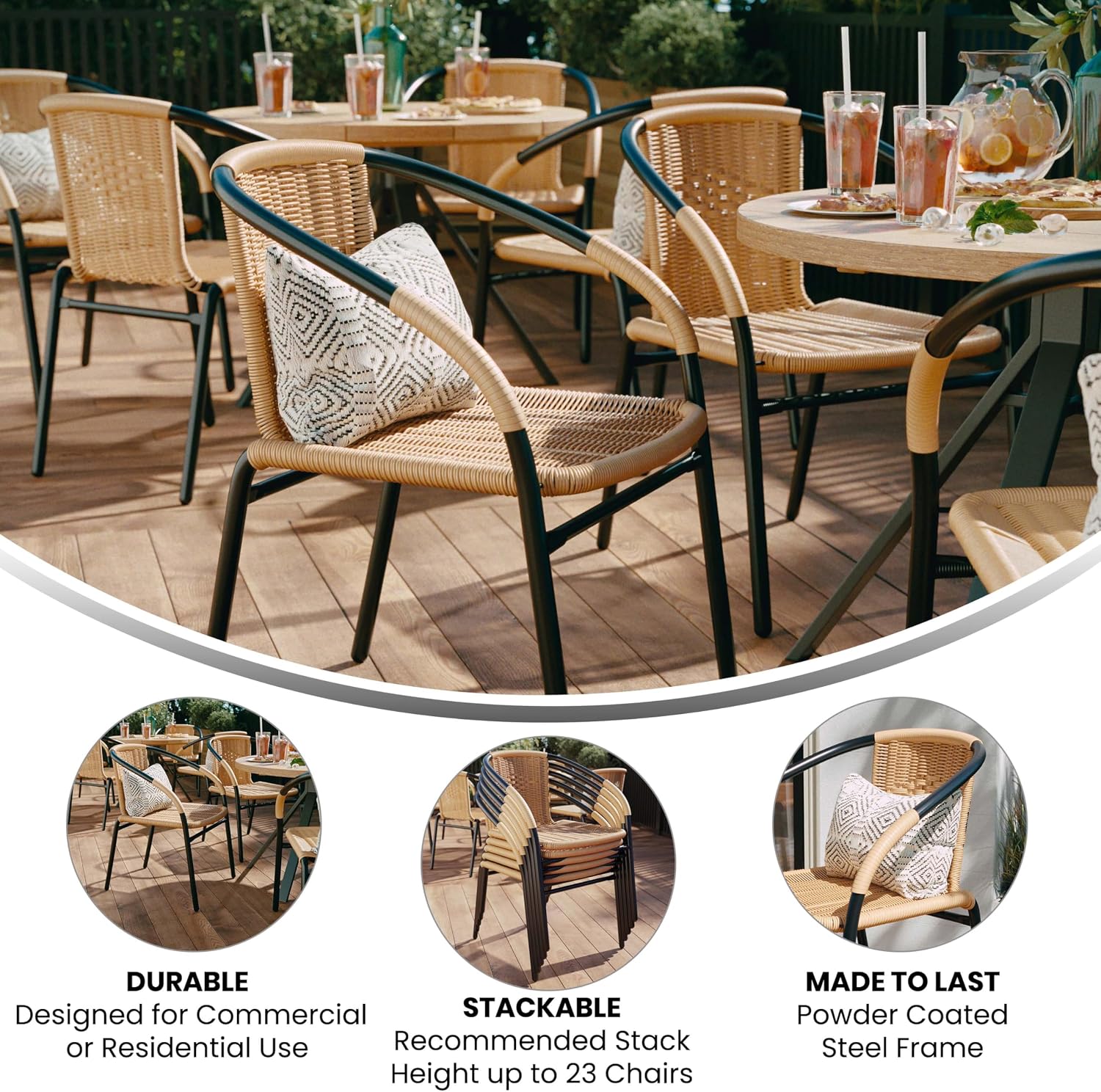 EMMA + OLIVER Set of 4 Modern PE Rattan Stack Chairs, Indoor/Outdoor Patio Dining Chairs, No Assembly Required, Beige