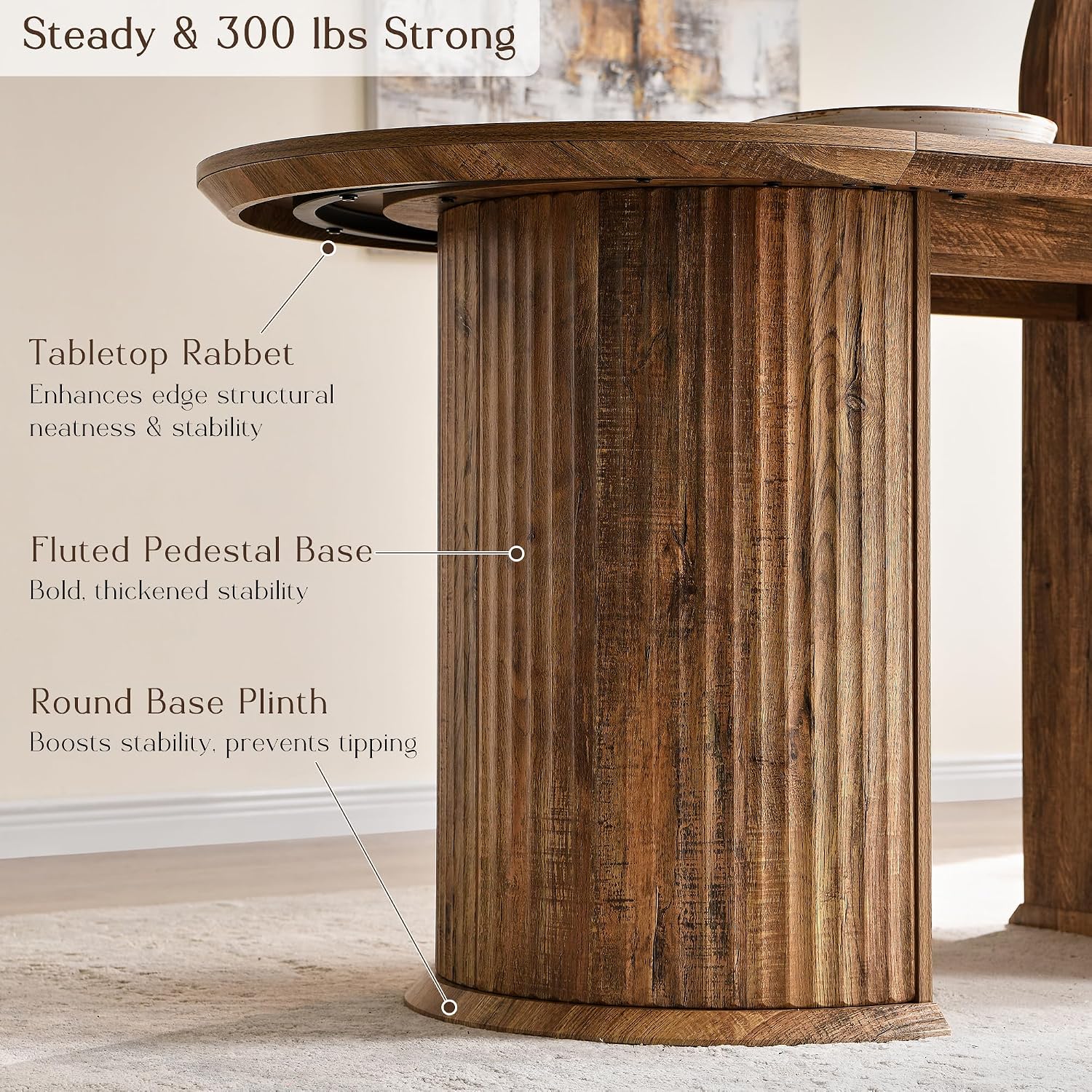 T4TREAM 63' Fluted Oval Dining Table for 4-6, Mid-Century Modern Kitchen Table with Thickened Edge & Semi-Cylindrical Base, Wood Table for Dining Room/Kitchen/Home Office,Gold Rustic Brown(Table Only)