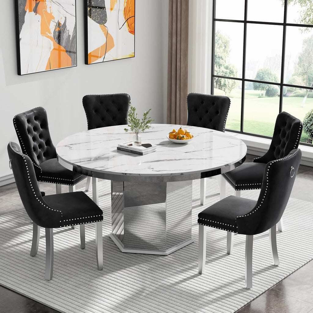 7 Pieces 47'-63' White Faux Marble Extendable Dining Table Set, Round Expanding Kitchen and Dining Room Table Set for 6 with Mirrored Acrylic Base & Black Velvet Upholstered Chairs
